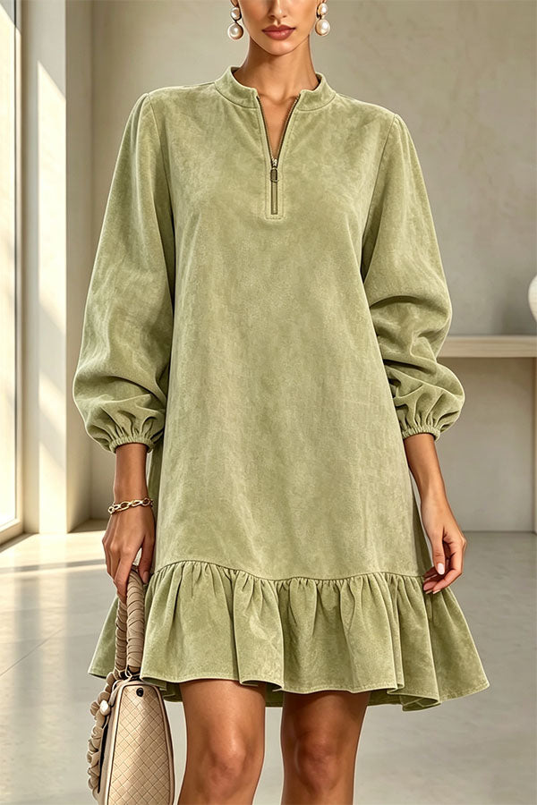 Suede Zipper Neck Long Balloon Sleeve Ruffle Hem Mini Dress