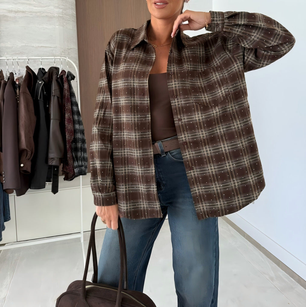 Women's Single-Breasted Shirt with Tartan Pattern and Rhinestones, Long Sleeves