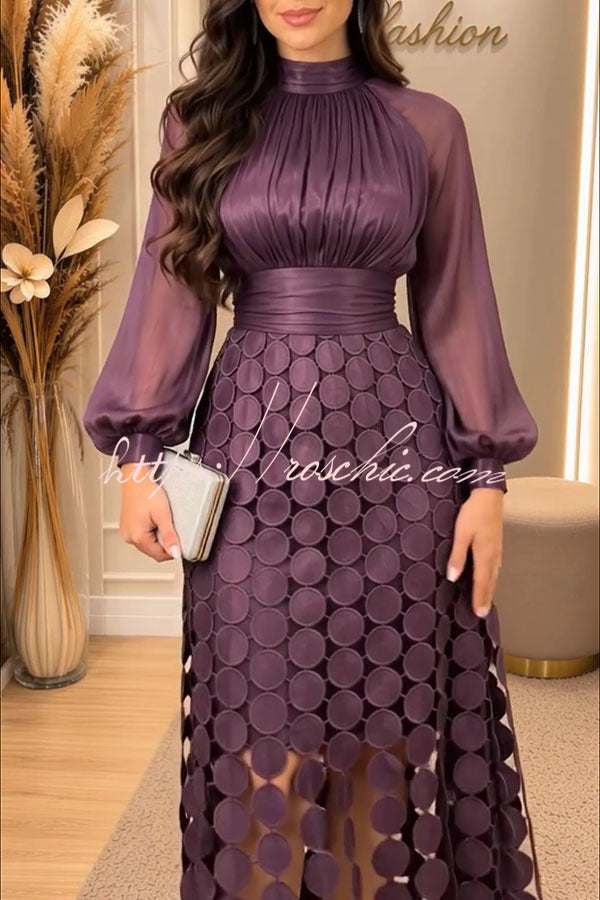Bella Shiny Sheer Fabric Balloon Sleeve Embroidered Polka Dots Hem Midi Dress, view 5 - Elena Harper