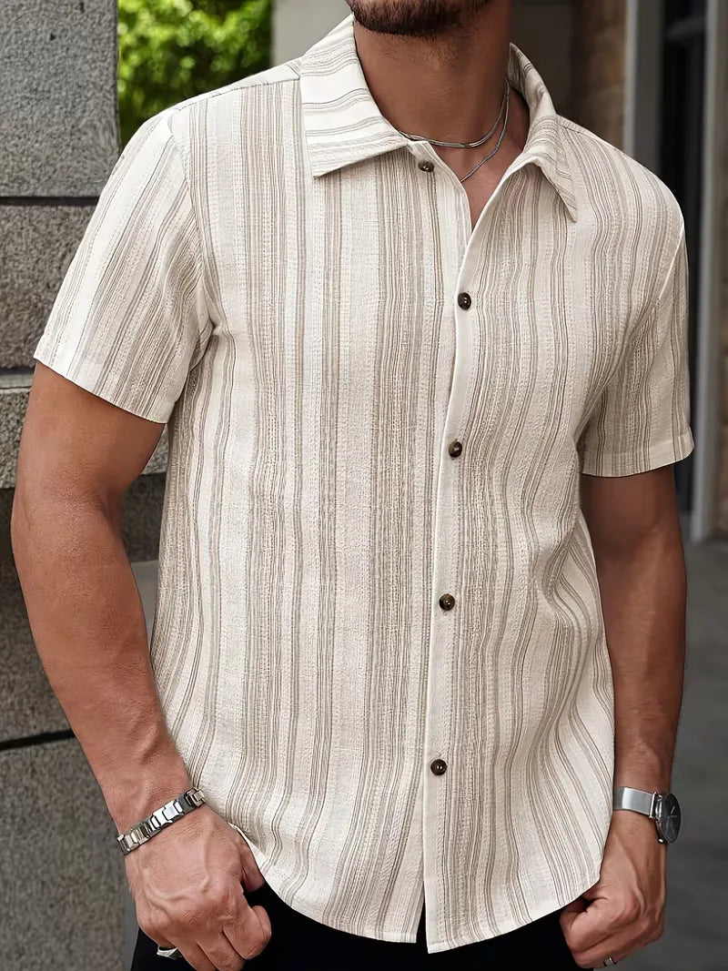 Textured Vertical Stripe Short Sleeve Button Shirt For Men