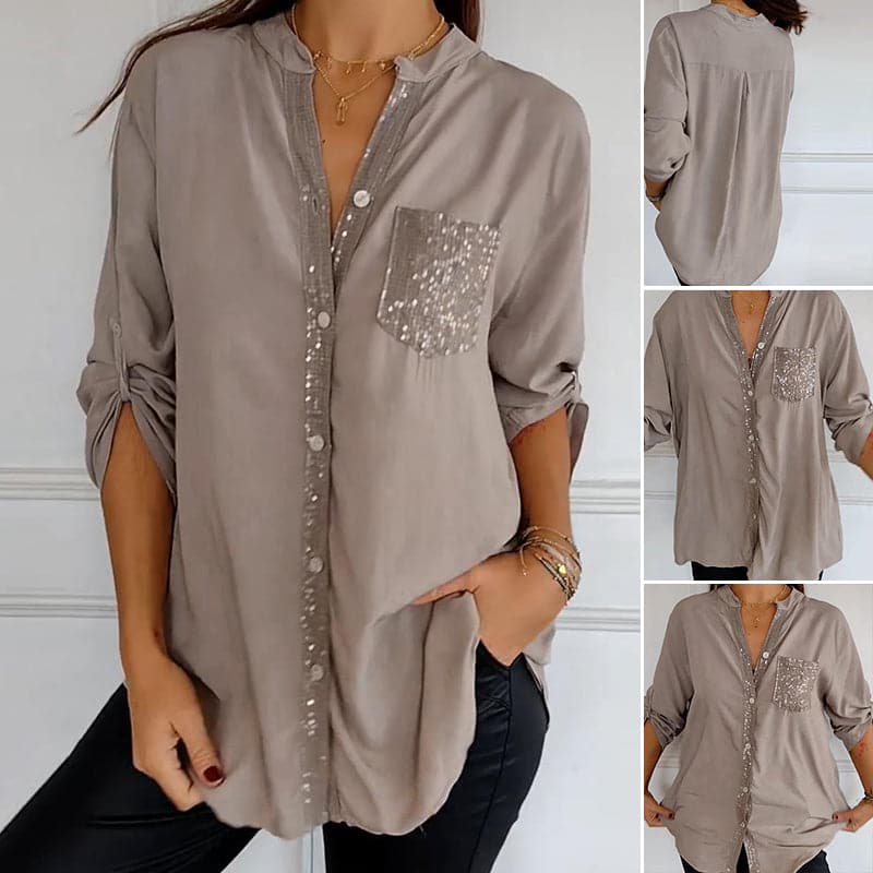 Women's Sequin Trim Button-Up Shirt - Elegant & Versatile