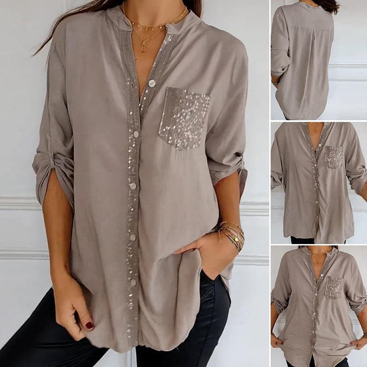 Women's Sequin Trim Button-Up Shirt - Elegant & Versatile