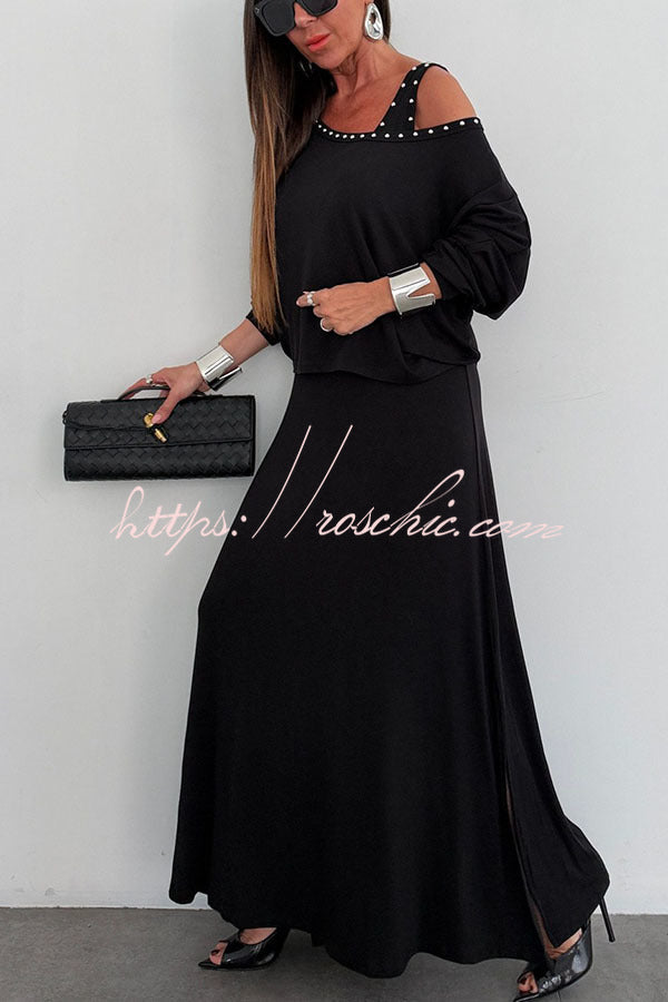 Samara Modal Beaded Detail Batwing Sleeves Loose Top and Tank Slit Maxi Dress Two Pieces Set, view 4 - Elena Harper