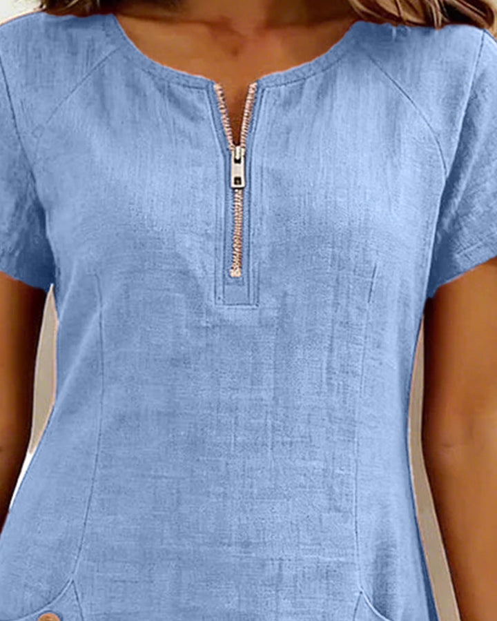 Short Linen and Cotton Dress with Zipper Closure Elegant A-Line Cut - Elena Harper