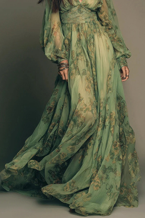 Botanical Print V-neck Long-sleeved Fitted Waist Casual Maxi Dress, view 3 - Elena Harper
