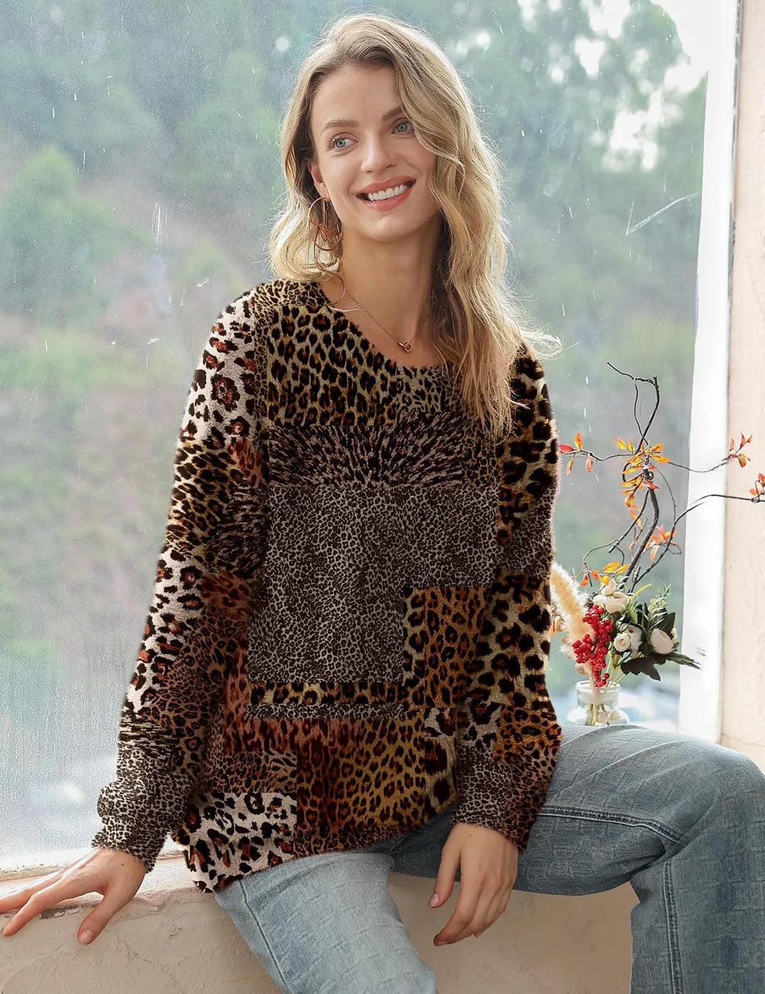 Teva - Long Sleeve Crew Neck Sweater with Animal Print