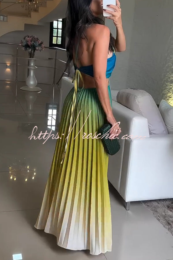 Fashionable Backless Tie Elegant Gradient Pleated Maxi Dress