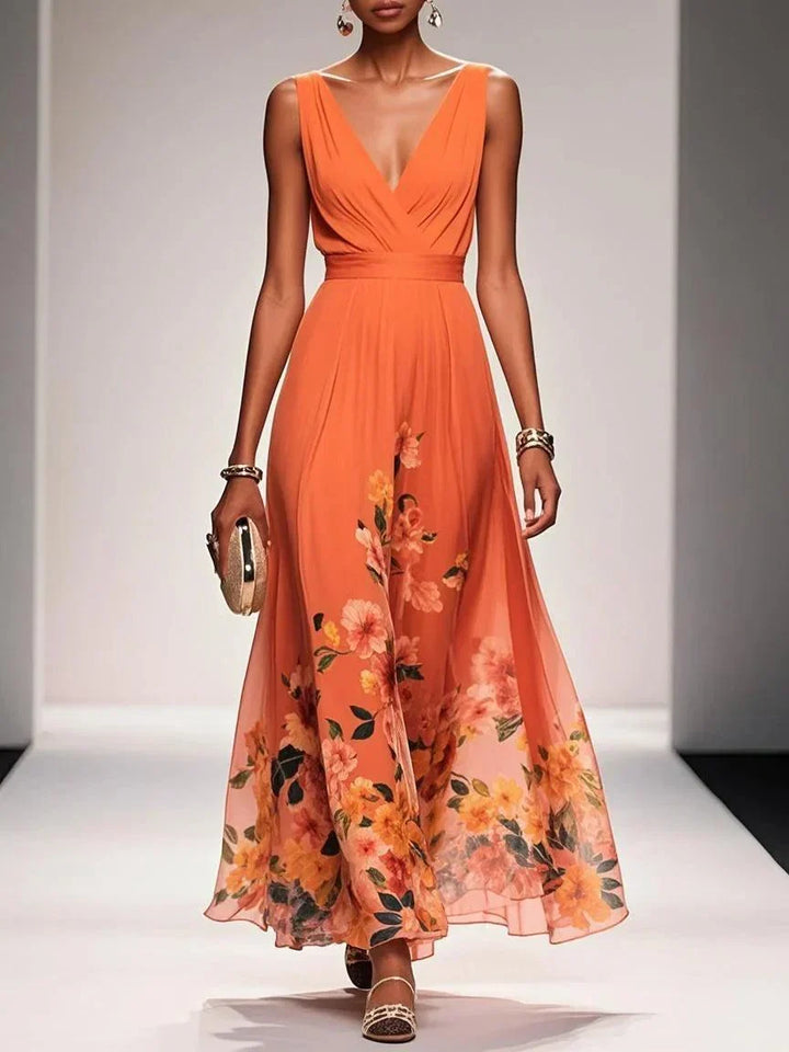 Elegant Light Blue Floral Chiffon V-Neck Sleeveless A-Line Maxi Dress