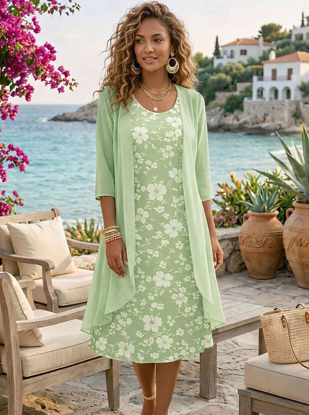Women's Floral Dress Set with Matching Lightweight Cardigan