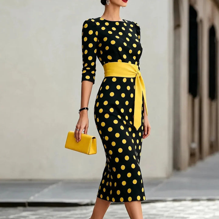 Belora Retro Polka Dot Midi Dress with Belted Waist - Elena Harper