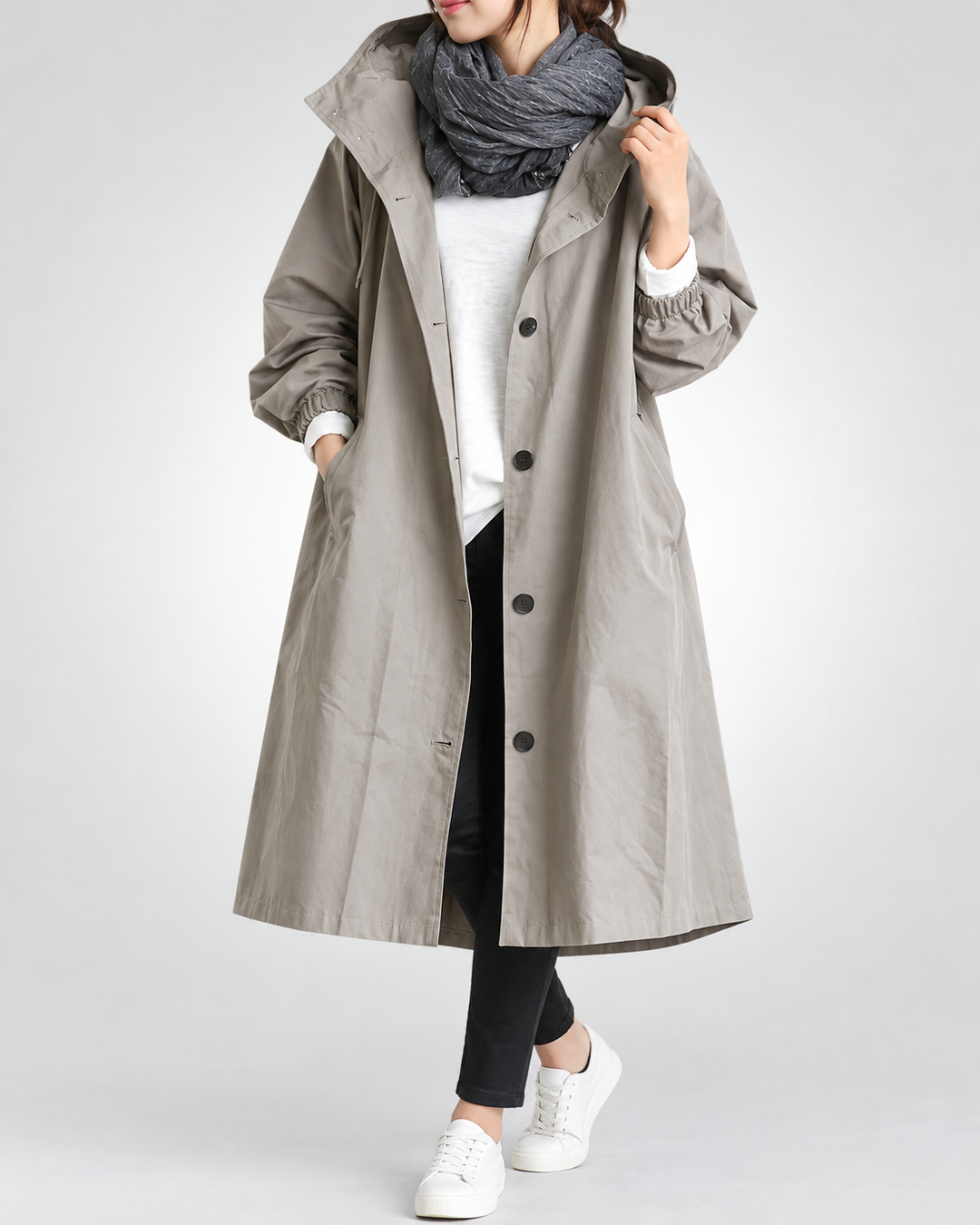 Vina Warm Long Trench Coat with Hood, view 4 - Elena Harper