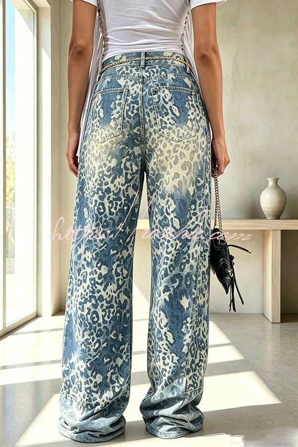 Stylish and Distinctive Leopard Print Denim High Rise Pocket Wide Leg Jeans