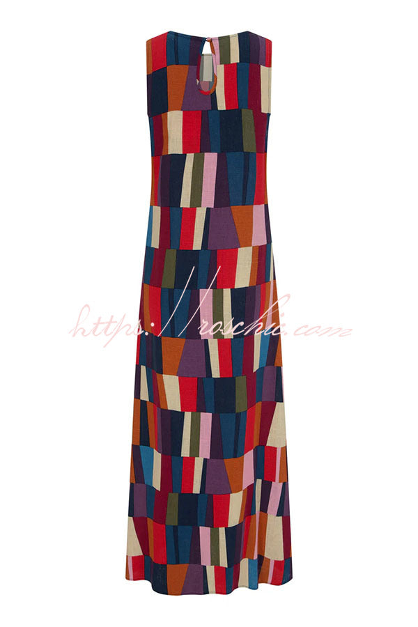 Retro Chic Linen Blend Colorful Color Block High Round Neck Sleeveless Maxi Dress, view 8 - Elena Harper