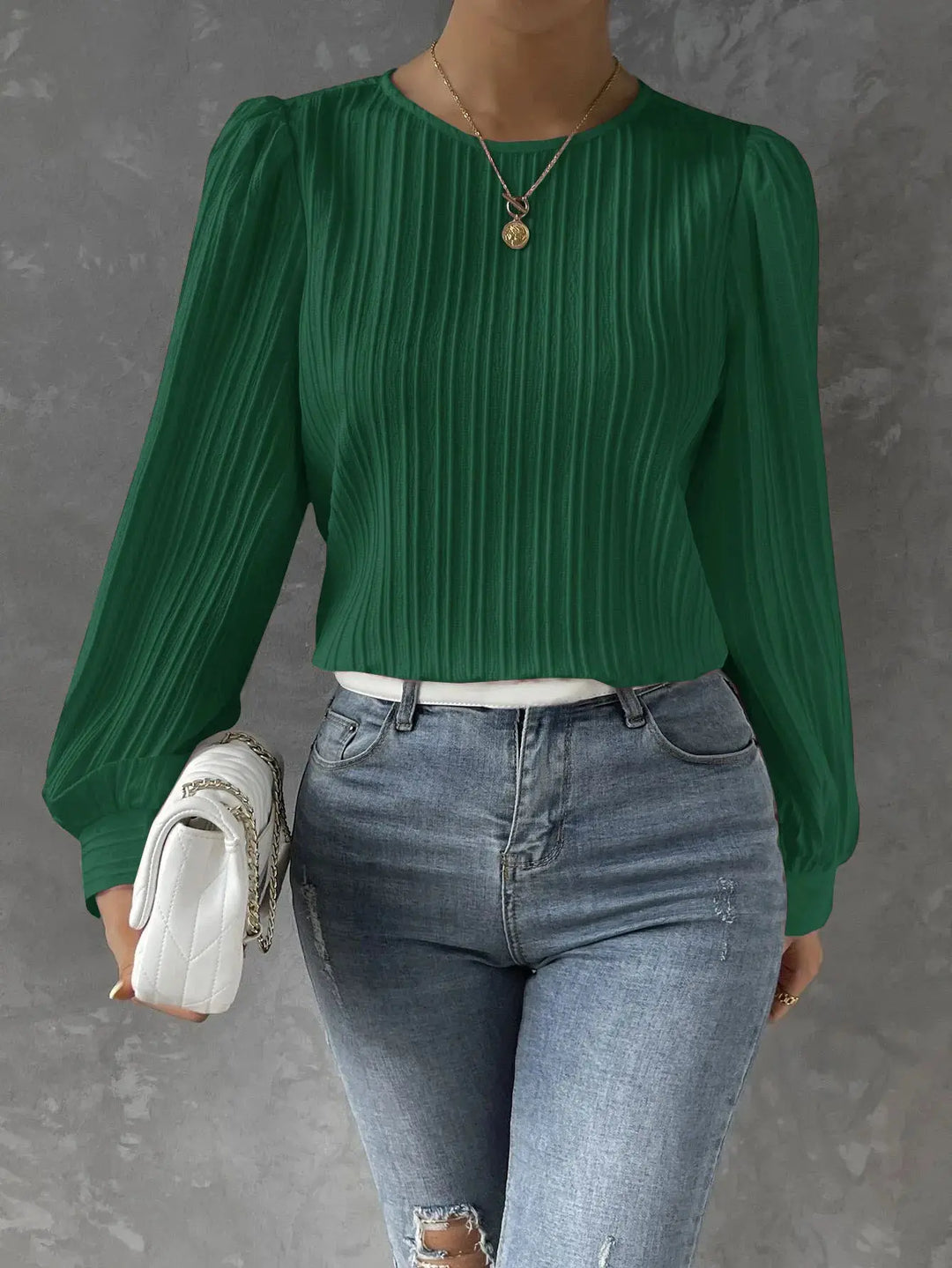 Textured Women's Blouse with Round Neck Elegant Casual Top with Puff Sleeves, view 10 - Elena Harper