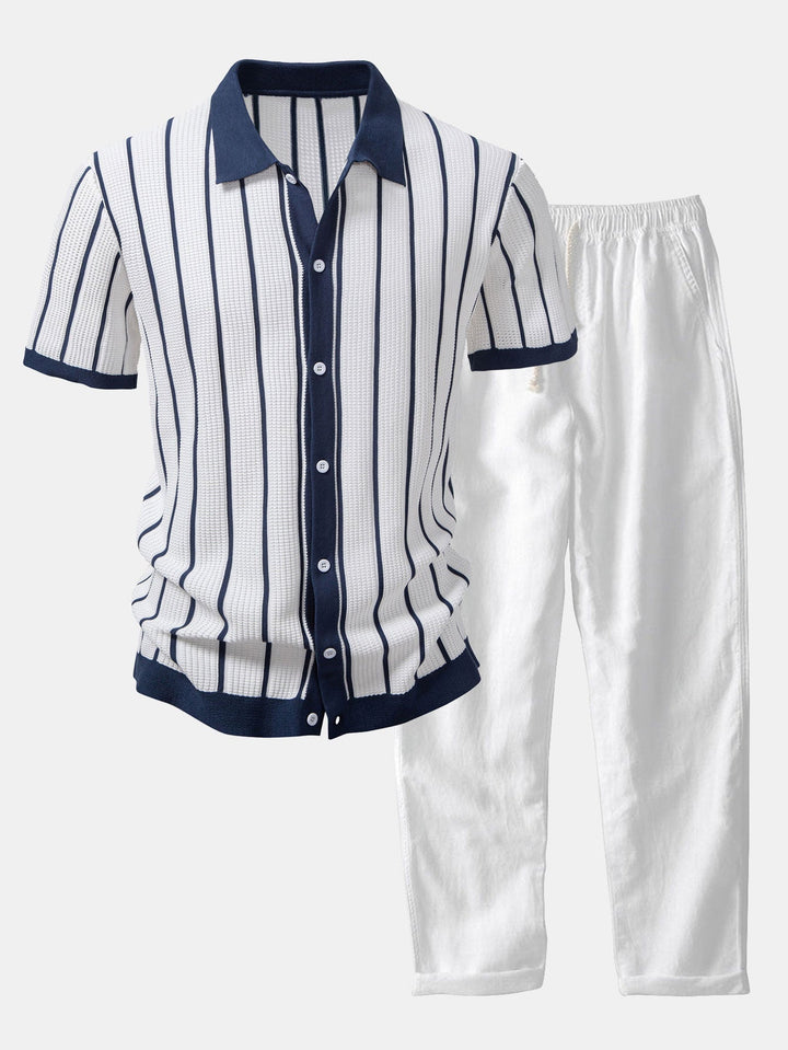 STRIPED KNIT SHIRT WITH BUTTONS & STRAIGHT LINEN PANTS