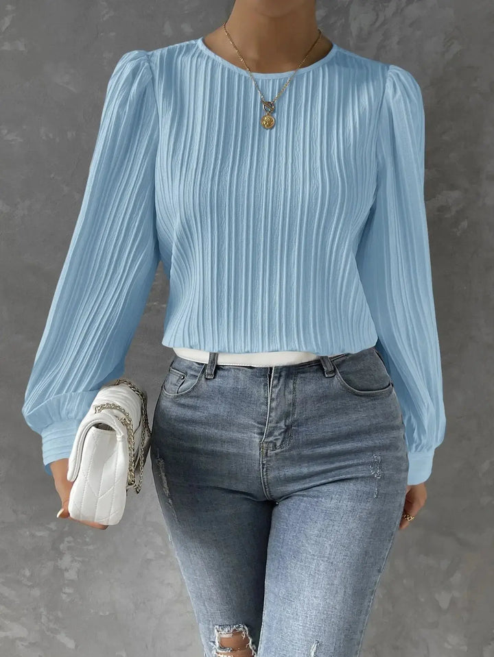 Textured Women's Blouse with Round Neck Elegant Casual Top with Puff Sleeves, view 8 - Elena Harper