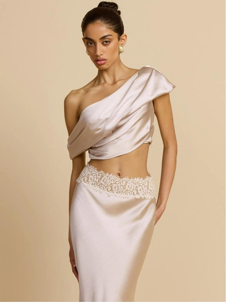 Elegant Draped One Shoulder Skirt Set, view 9 - Elena Harper