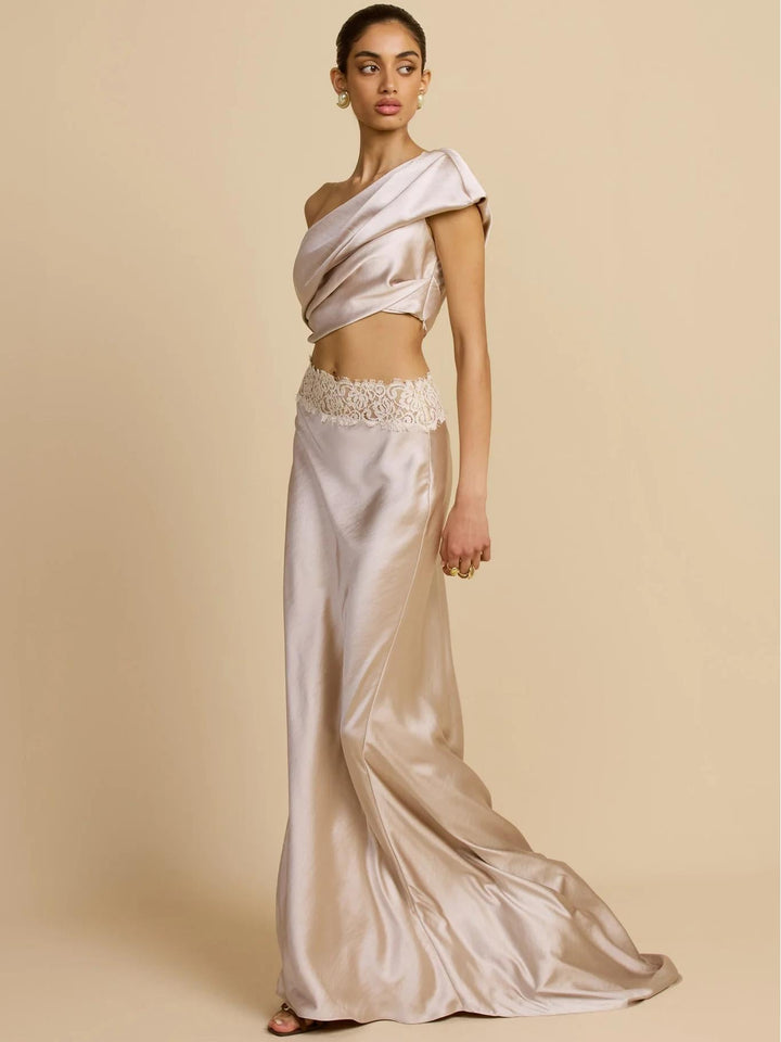 Elegant Draped One Shoulder Skirt Set, view 3 - Elena Harper