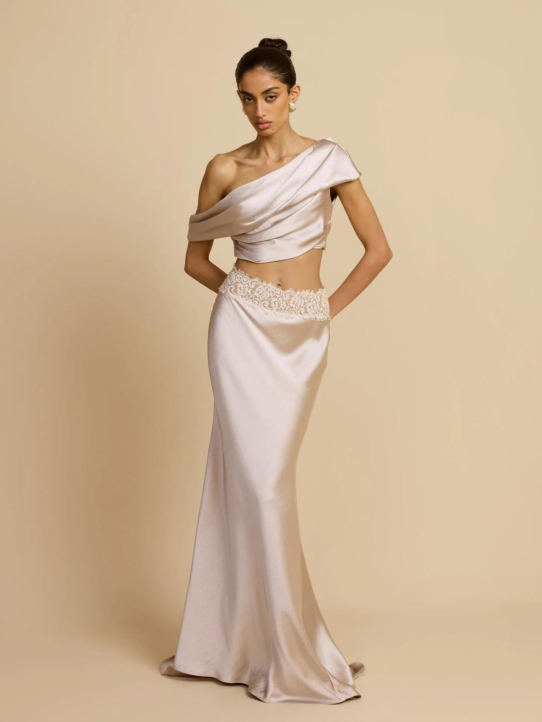 Elegant Draped One Shoulder Skirt Set, view 5 - Elena Harper