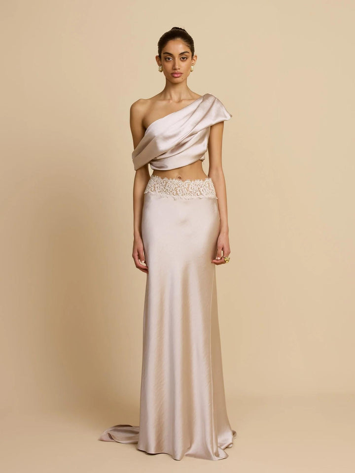 Elegant Draped One Shoulder Skirt Set - Elena Harper