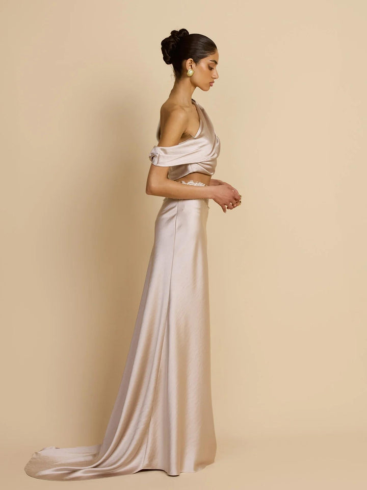 Elegant Draped One Shoulder Skirt Set, view 7 - Elena Harper