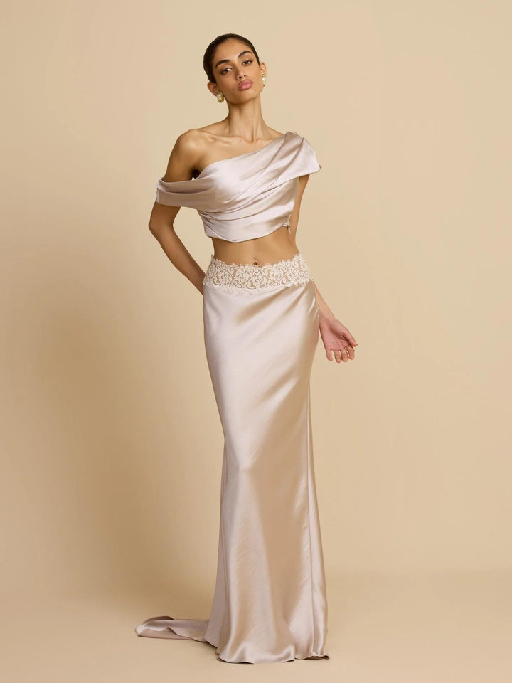 Elegant Draped One Shoulder Skirt Set, view 6 - Elena Harper