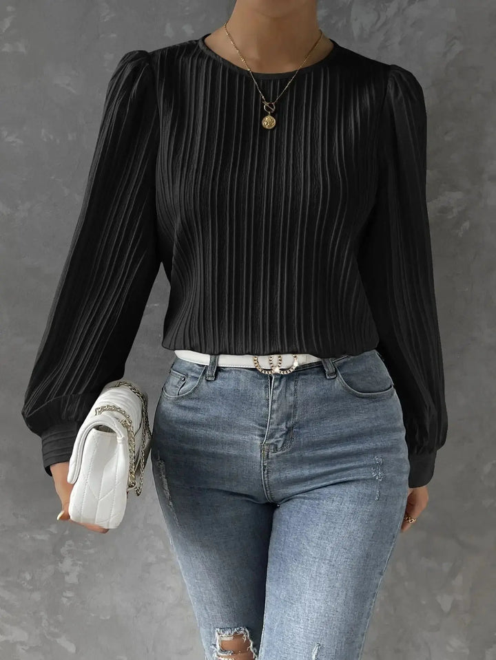 Textured Women's Blouse with Round Neck Elegant Casual Top with Puff Sleeves, view 7 - Elena Harper