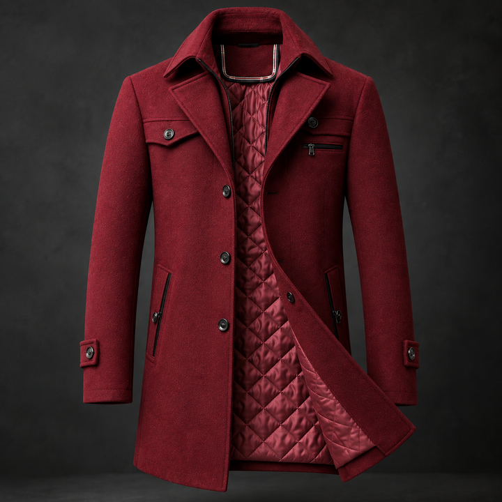 Men's Wool Coat with High Collar and Padded Lining