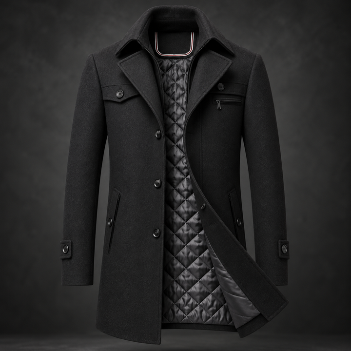 Men's Wool Coat with High Collar and Padded Lining