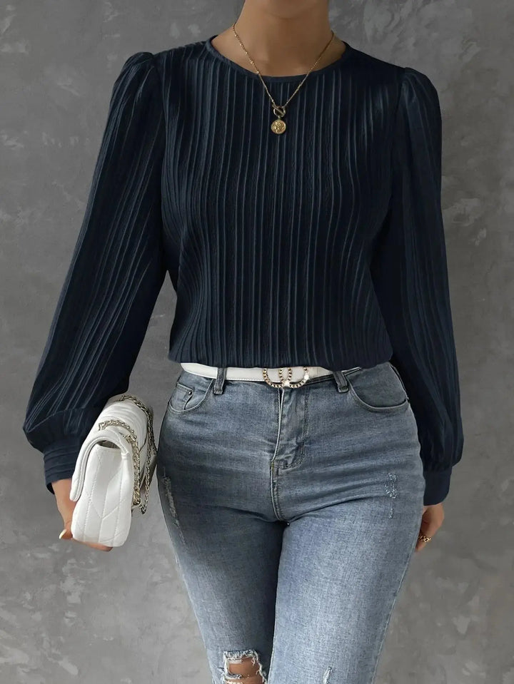Textured Women's Blouse with Round Neck – Elegant Casual Top with Puff Sleeves