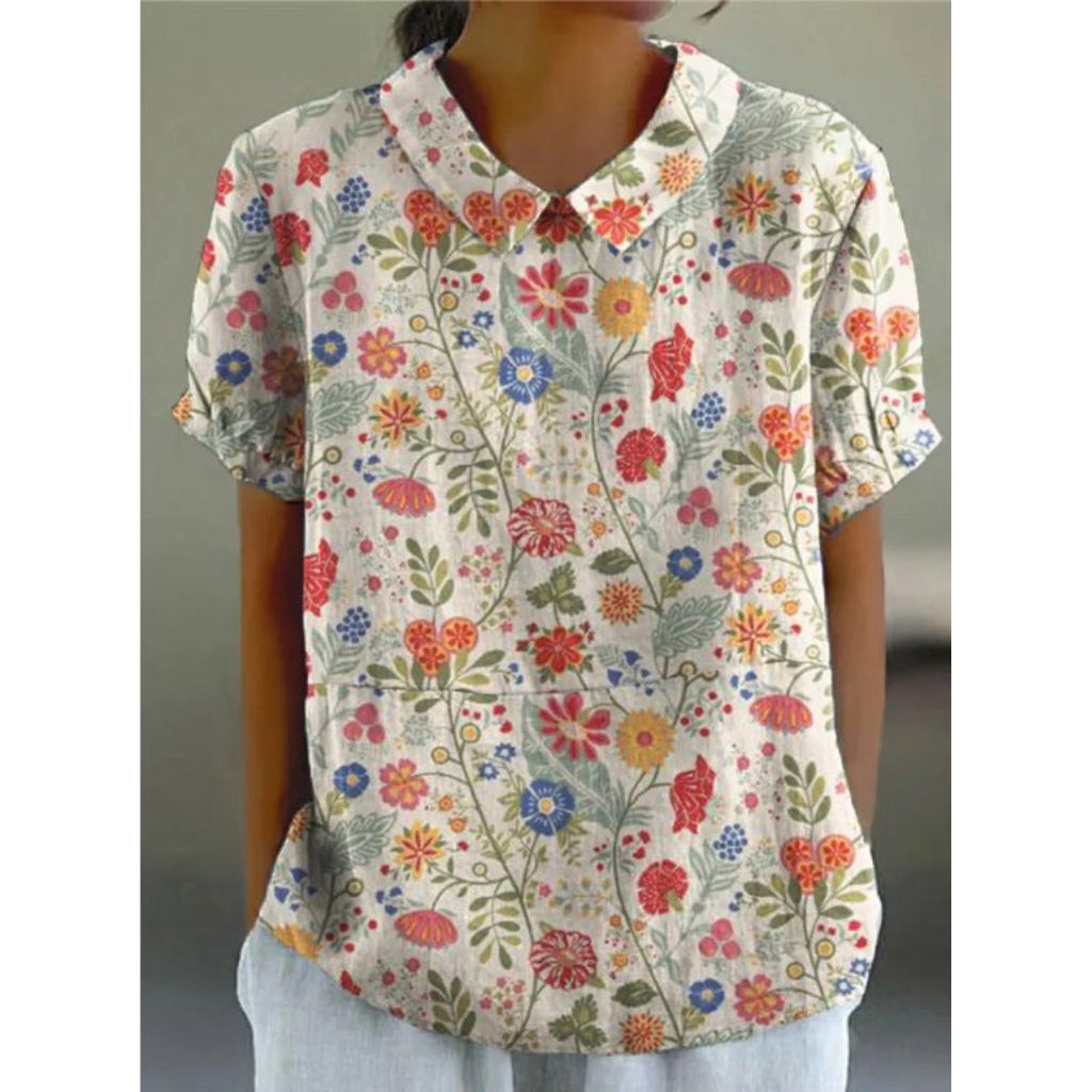 Cotton blouse with pastoral floral pattern