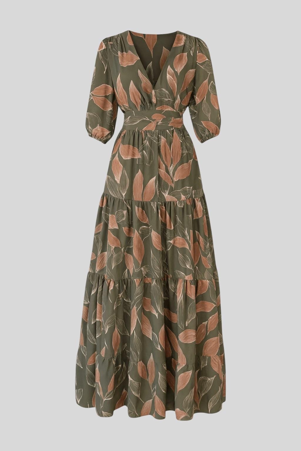 Women's Printed Maxi Dress - Elegant V-Neck & Flowing Design
