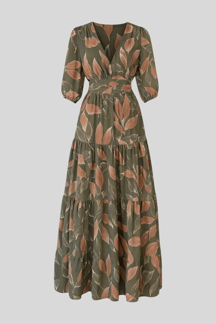 Women's Printed Maxi Dress - Elegant V-Neck & Flowing Design
