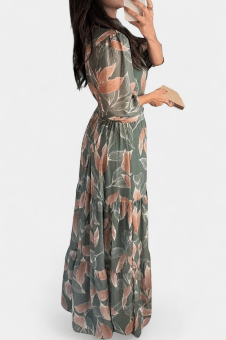 Women's Printed Maxi Dress - Elegant V-Neck & Flowing Design