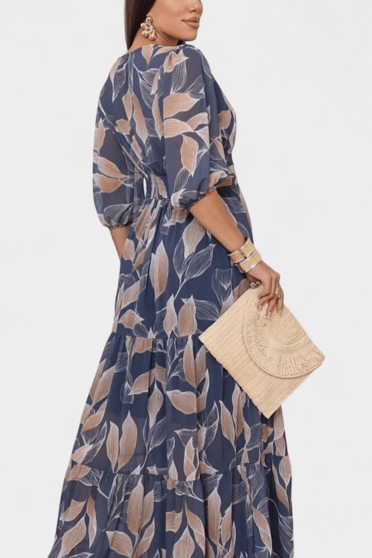 Women's Printed Maxi Dress - Elegant V-Neck & Flowing Design