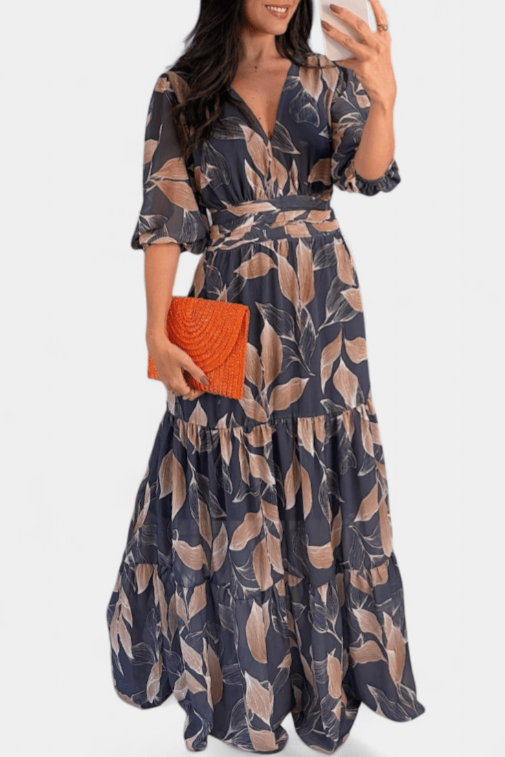 Women's Printed Maxi Dress - Elegant V-Neck & Flowing Design