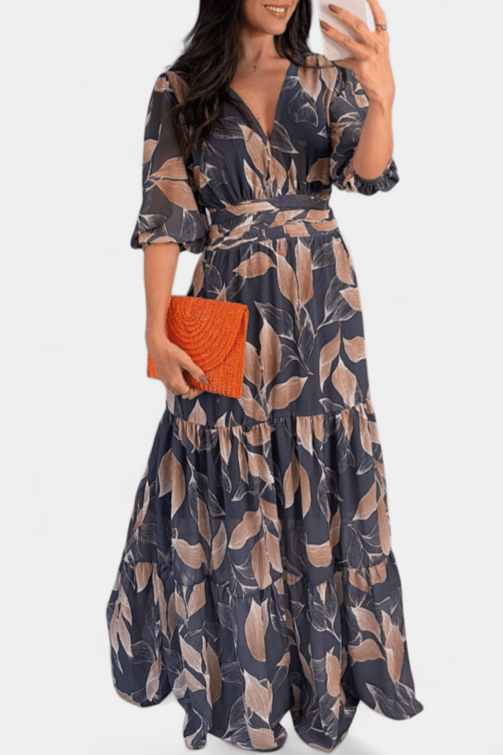 Women's Printed Maxi Dress - Elegant V-Neck & Flowing Design