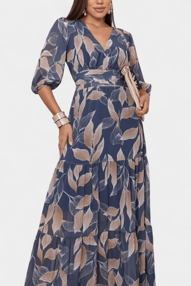 Women's Printed Maxi Dress - Elegant V-Neck & Flowing Design