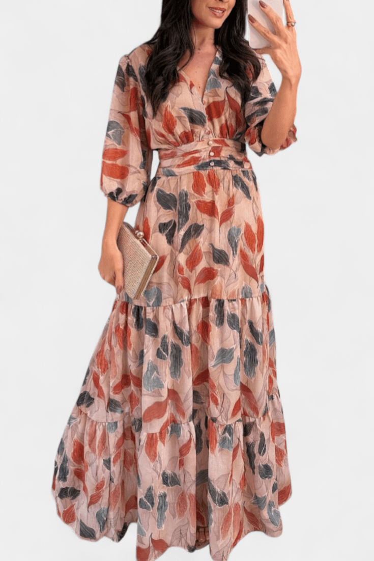 Women's Printed Maxi Dress - Elegant V-Neck & Flowing Design