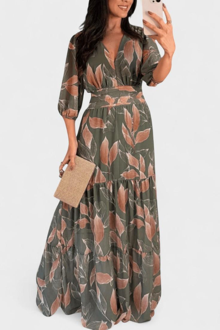 Women's Printed Maxi Dress - Elegant V-Neck & Flowing Design