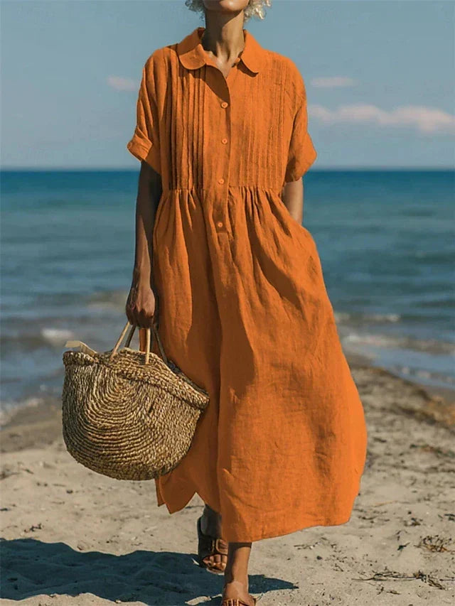 Fluid Cotton Midi Shirt Dress Casual Elegance for Women - Elena Harper