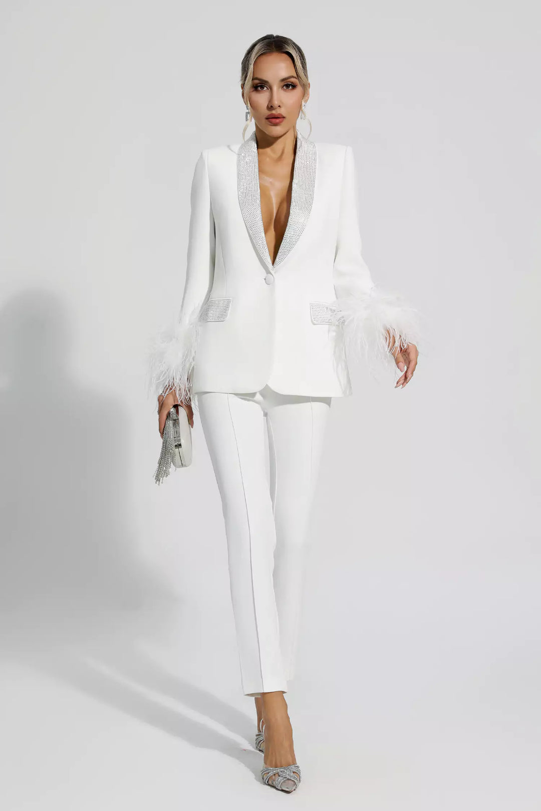 Blazer Set with Diamonds and Feather Accents