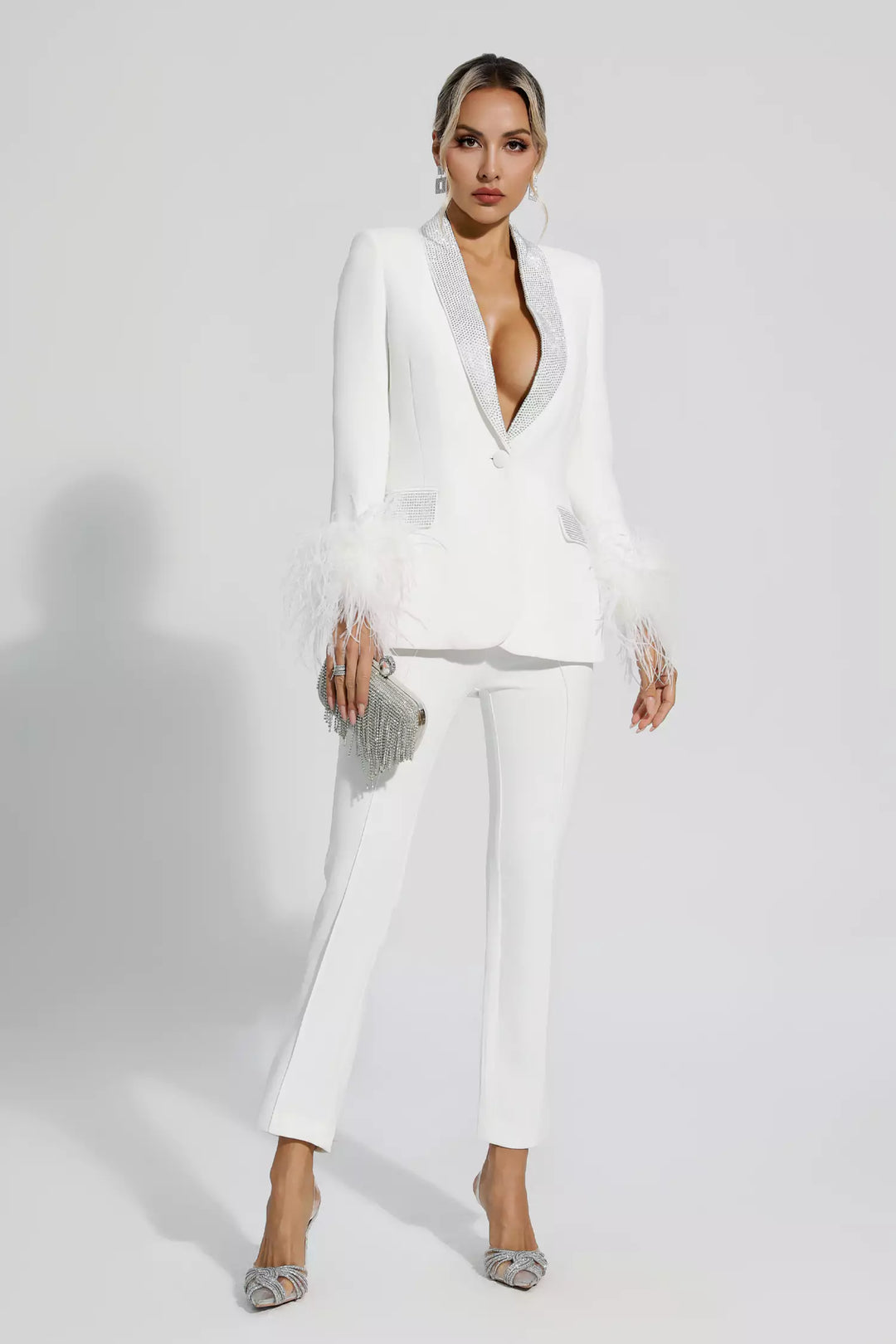 Blazer Set with Diamonds and Feather Accents