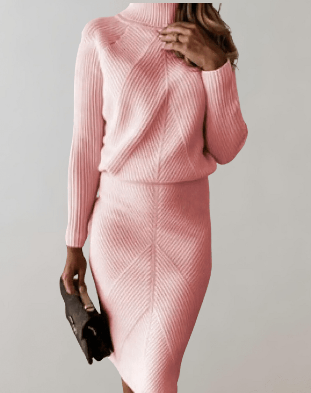Women's Ribbed Knit Set – Turtleneck Sweater with Fitted Skirt