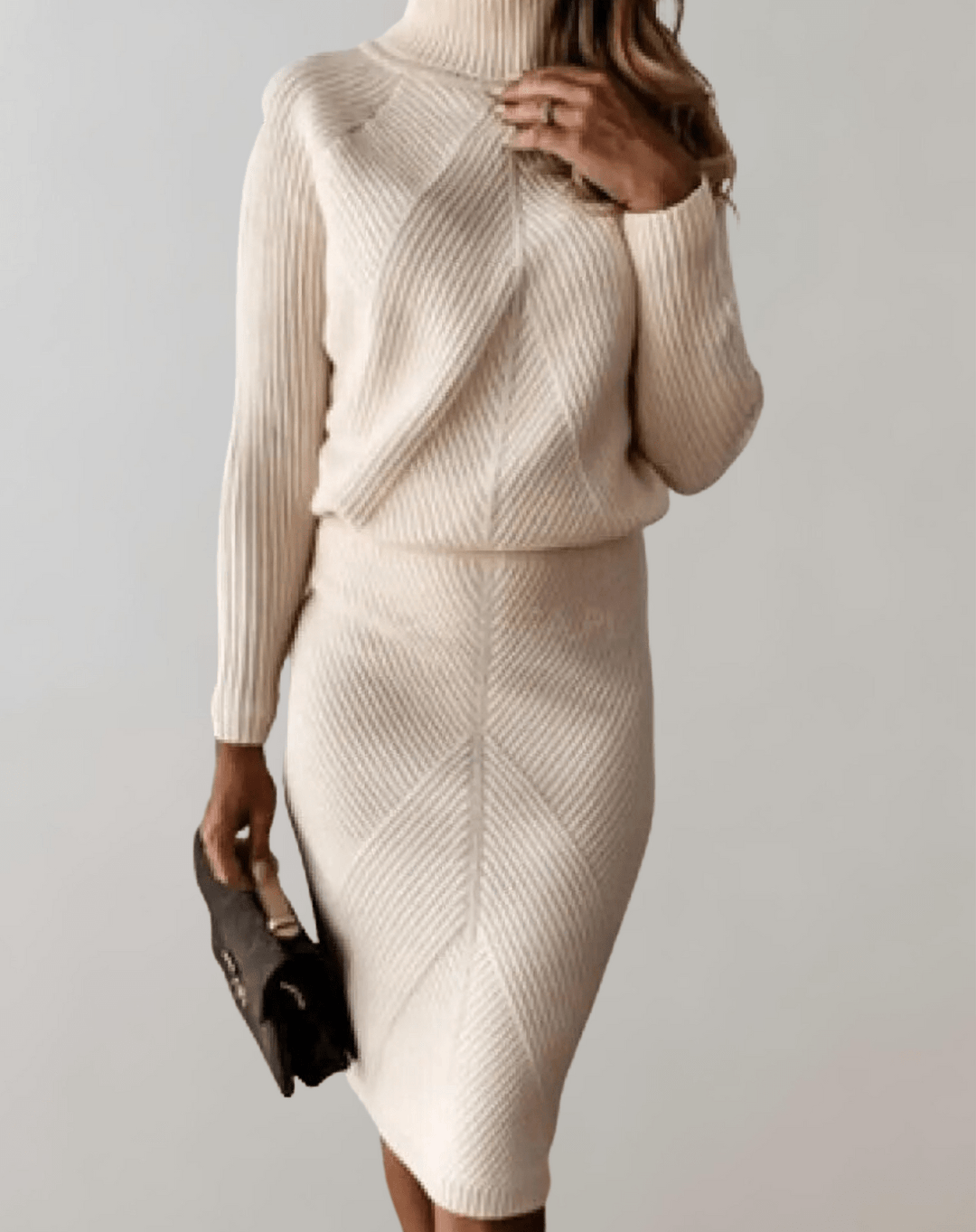 Women's Ribbed Knit Set – Turtleneck Sweater with Fitted Skirt