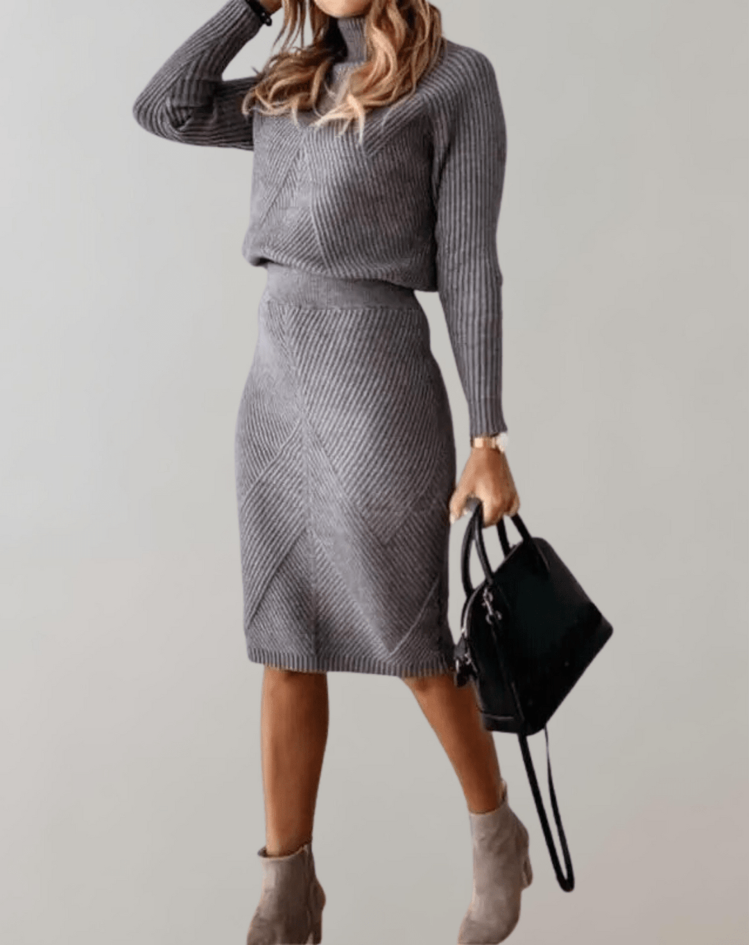 Women's Ribbed Knit Set – Turtleneck Sweater with Fitted Skirt