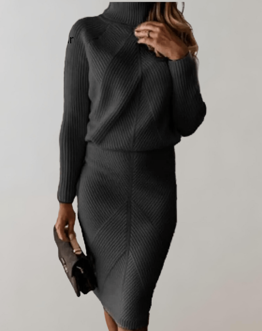 Women's Ribbed Knit Set – Turtleneck Sweater with Fitted Skirt