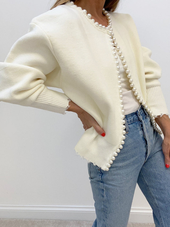 Adari Buttonless Cardigan with Beaded Trim - Elena Harper