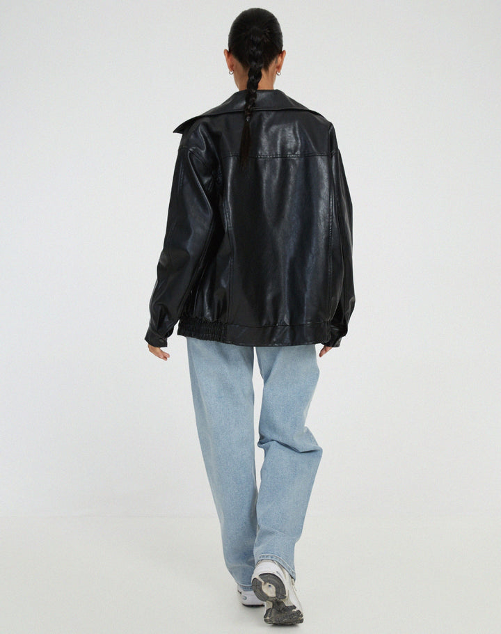 Luxury Women's Leather-Look Bomber Jacket with Oversized Fit