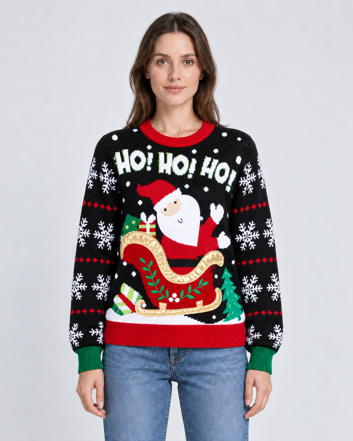 Christmas Sweater with Santa Pattern and Festive Slogan for Women